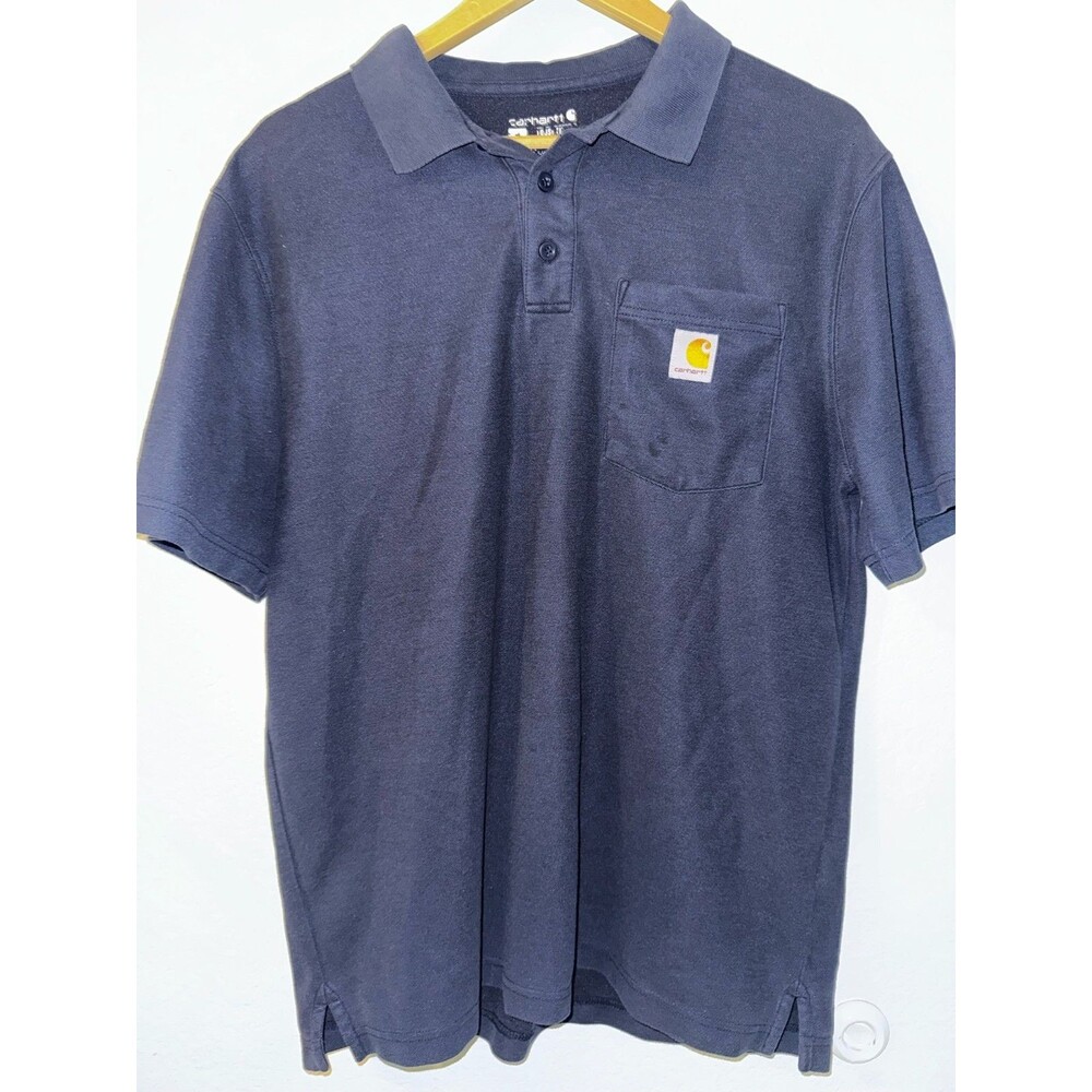 Carhartt Pocket Polo Shirt Navy Blue Short Sleeve Workwear Logo Work Shirt